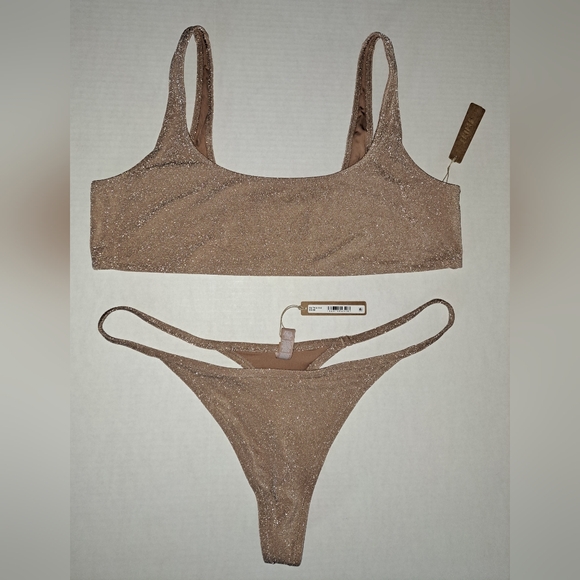 SKIMS Other - SKIMS 2 Piece Glitter Swim Scoop neck top thong Bikini Set Nude Sienna 22 24 3X